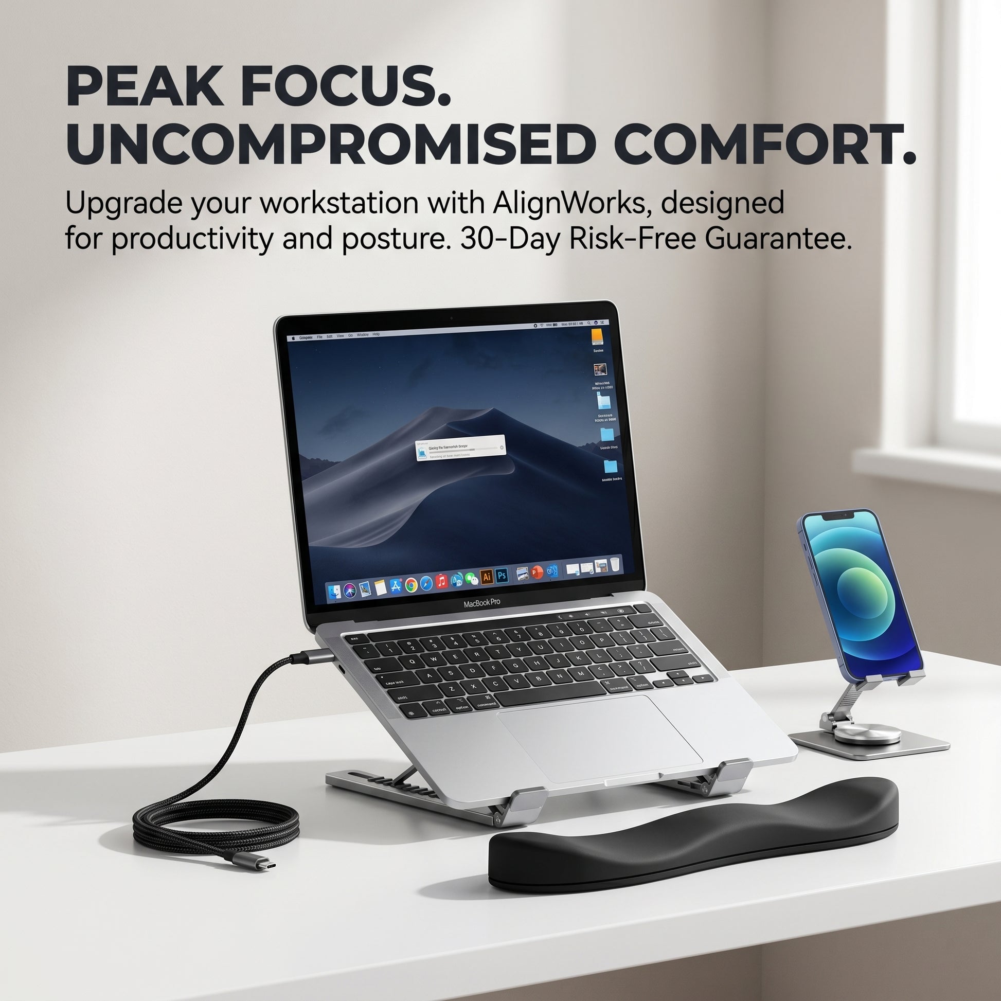Laptop on a stand with phone and mouse pad on a desk, featuring AlignWorks product.