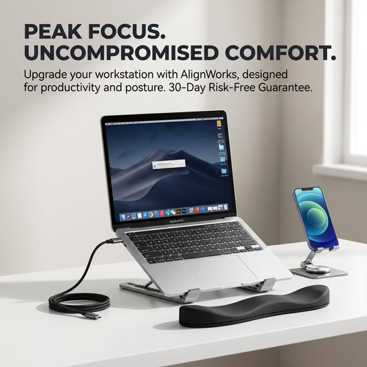 Laptop on a stand with phone and mouse pad on a desk, featuring AlignWorks product.